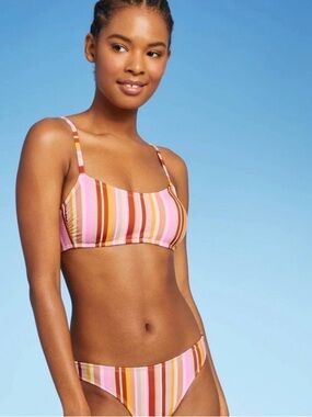 Xhilaration Pink, Orange & White Vertical Stripe Bikini Set